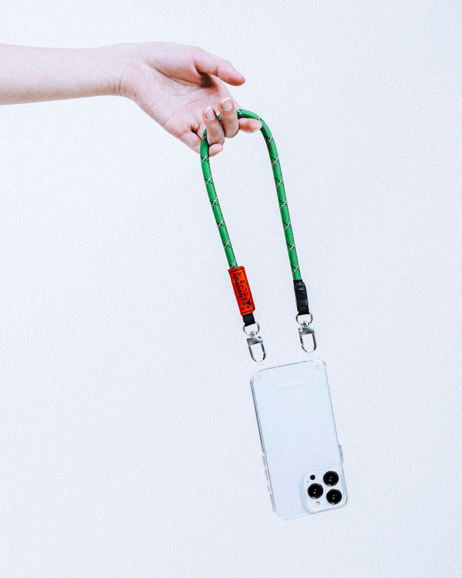 手機掛繩夾片+ 8.0mm 繩索腕帶 / 寶石綠混紅圖案